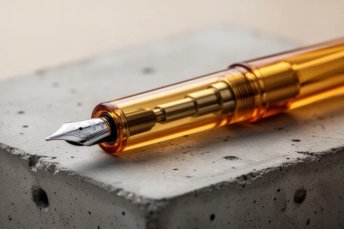 Translucent amber Ultem pen body showing internal components in soft light