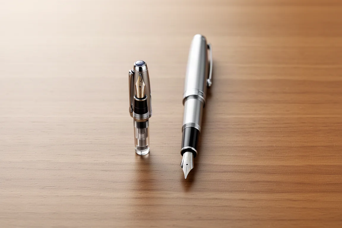 Small fountain pen posted alongside full-size pens on a desk