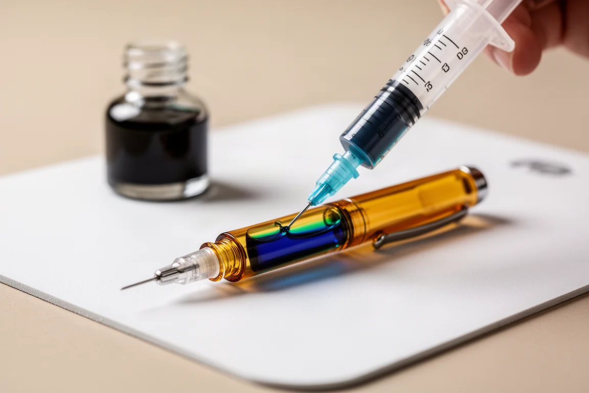 Blunt syringe filling a translucent pen barrel with blue ink