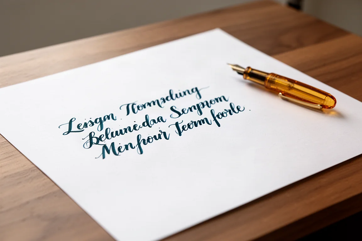 Handwritten writing sample in peacock blue ink on white paper