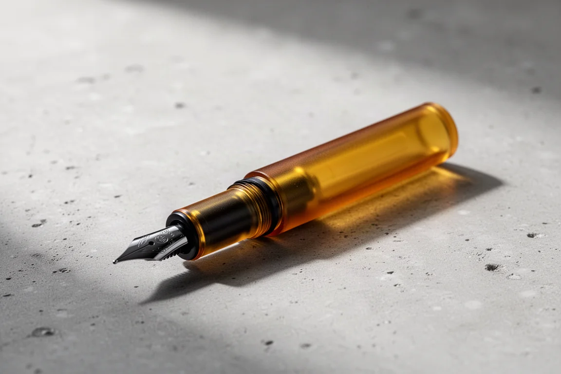 混凝土表面上、帶有黑色點綴的小型半透明琥珀色 Ultem 鋼筆