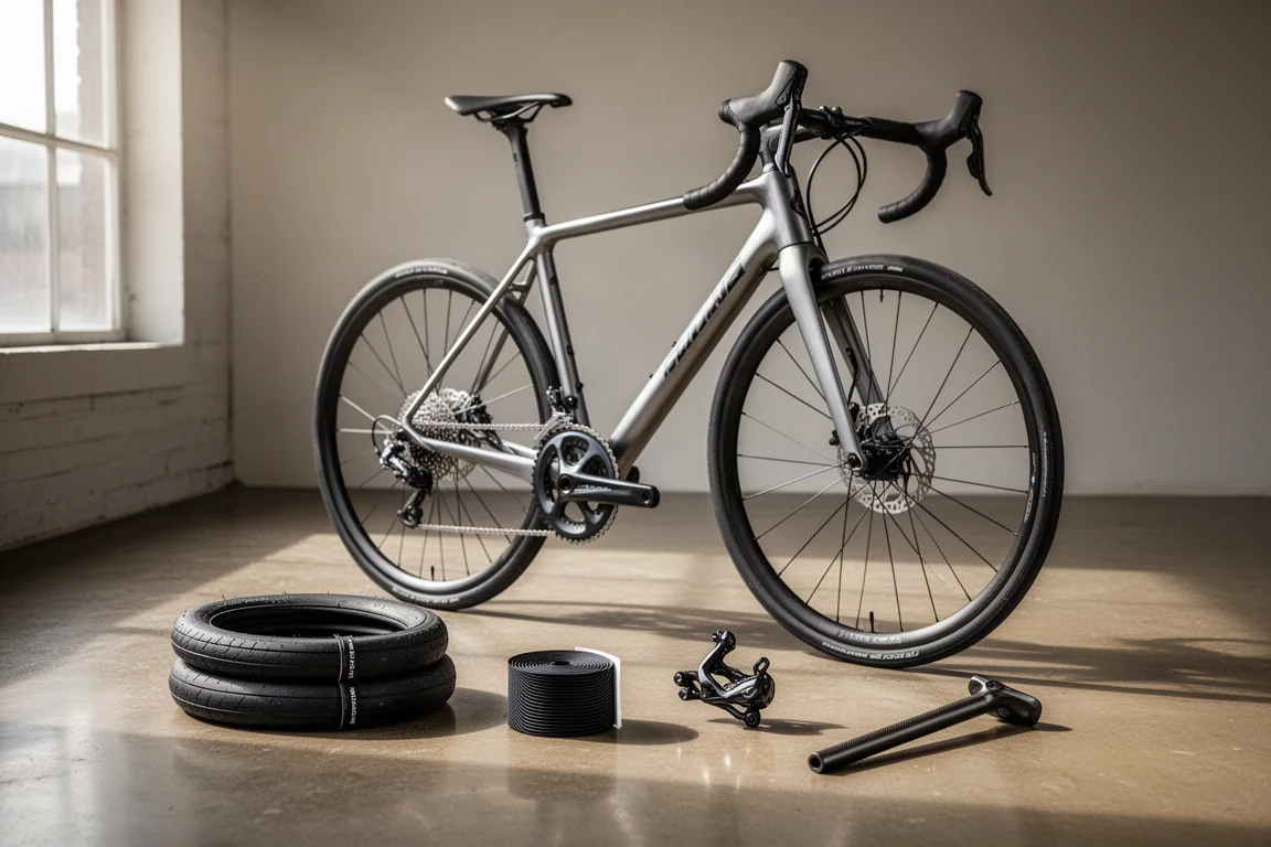 Aluminium road bike with upgrade components arranged on a concrete workshop floor