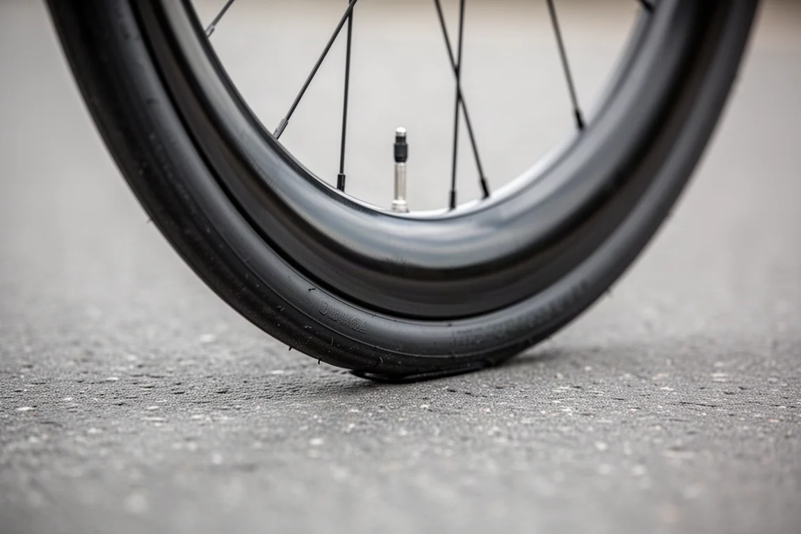 Gros plan d'un pneu slick lisse de vélo de route posé sur l'asphalte gris