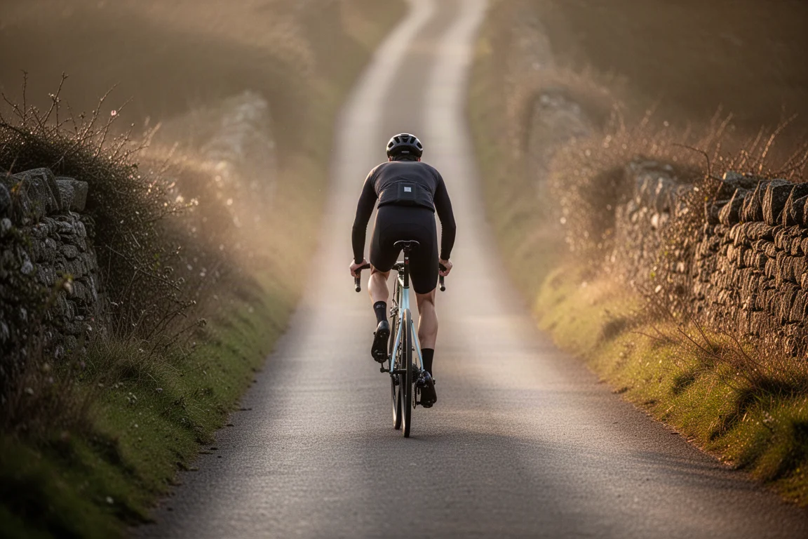 Cycliste sur route grimpant une voie asphaltée étroite dans une lumière dorée rasante