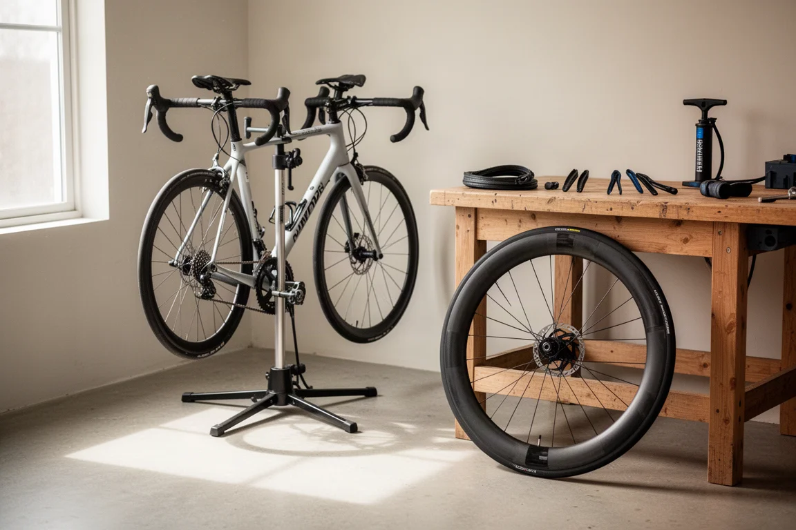 Vélo de route sur un support d'atelier à côté d'une paire de roues carbone