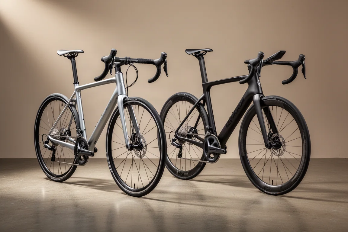 Einsteiger-Rennrad und dunkles Carbon-Superbike nebeneinander im Studio
