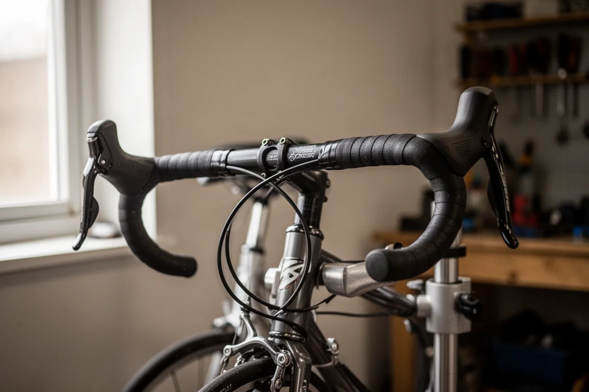 Aluminiumlandsvägscykel lutad mot en tegelvägg på en stadsgata med en hjälm på sadeln