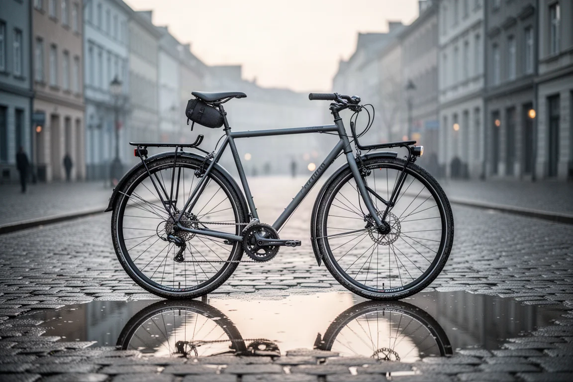 Främre skivbromsskiva och bromsok på landsvägscykel med vattendroppar på våt asfalt
