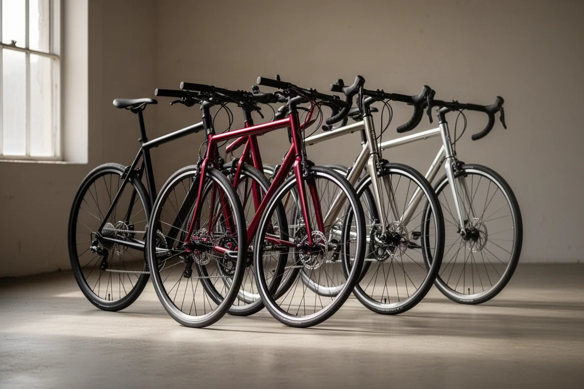 Four entry-level road bikes lined up on a pale concrete studio floor