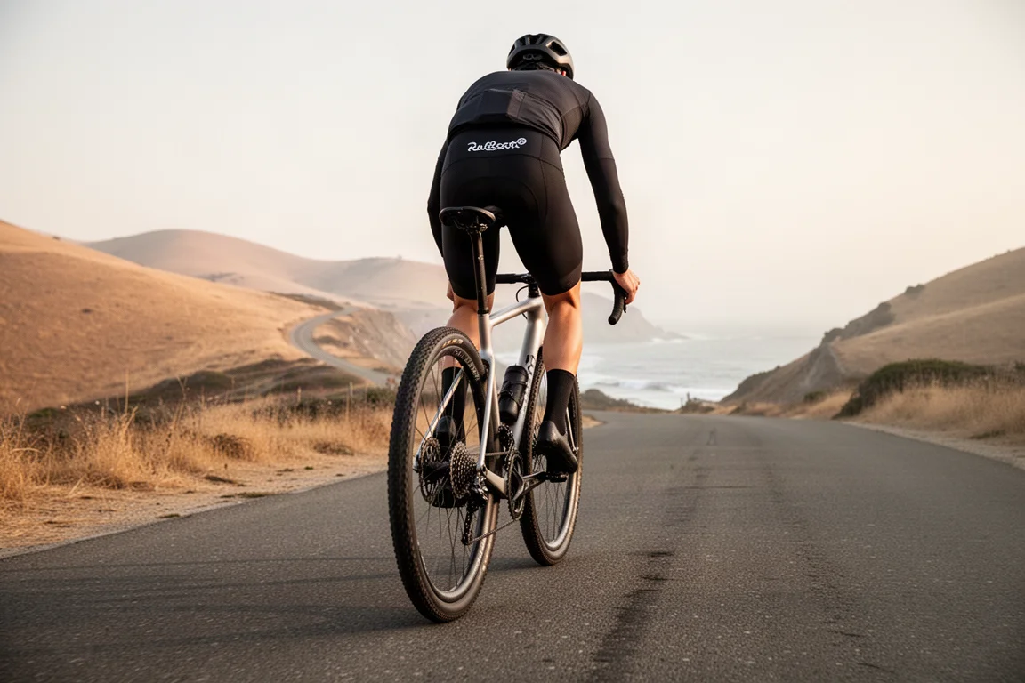 Radfahrer von hinten auf einem Rennrad auf einer Küstenstraße bei Sonnenaufgang