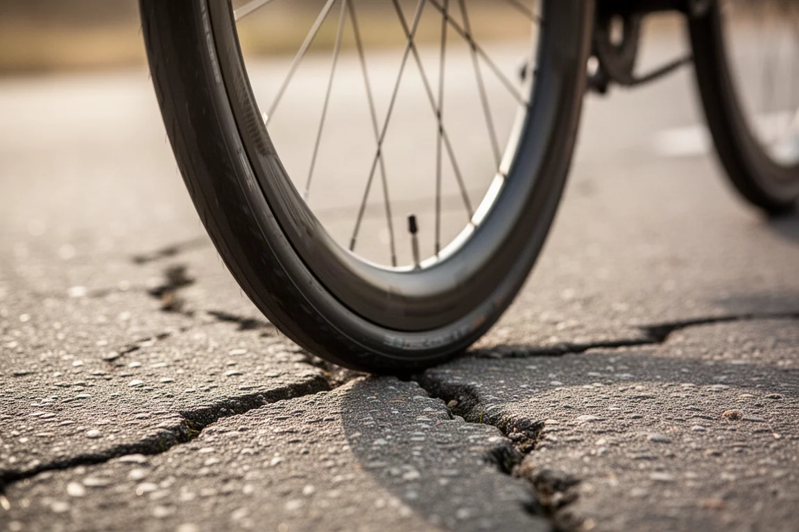 Nahaufnahme eines breiten Rennradreifens, der über aufgebrochenen Asphalt rollt