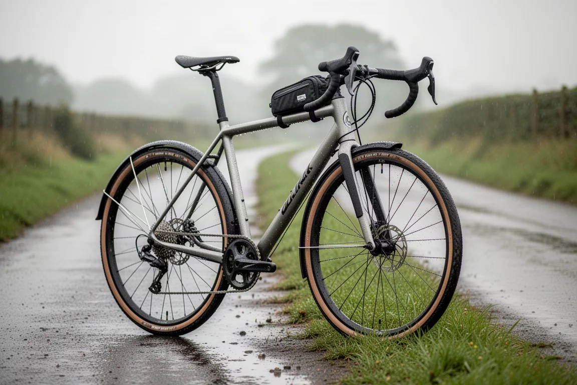 Rennrad mit Schutzblechen und Oberrohrtasche neben einem nassen Feldweg