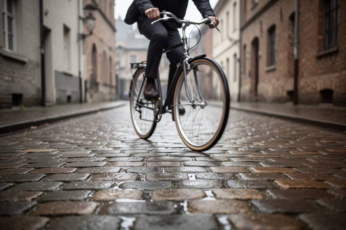 Rennradfahrer fährt über nasse Kopfsteinpflastersteine in einer engen europäischen Straße