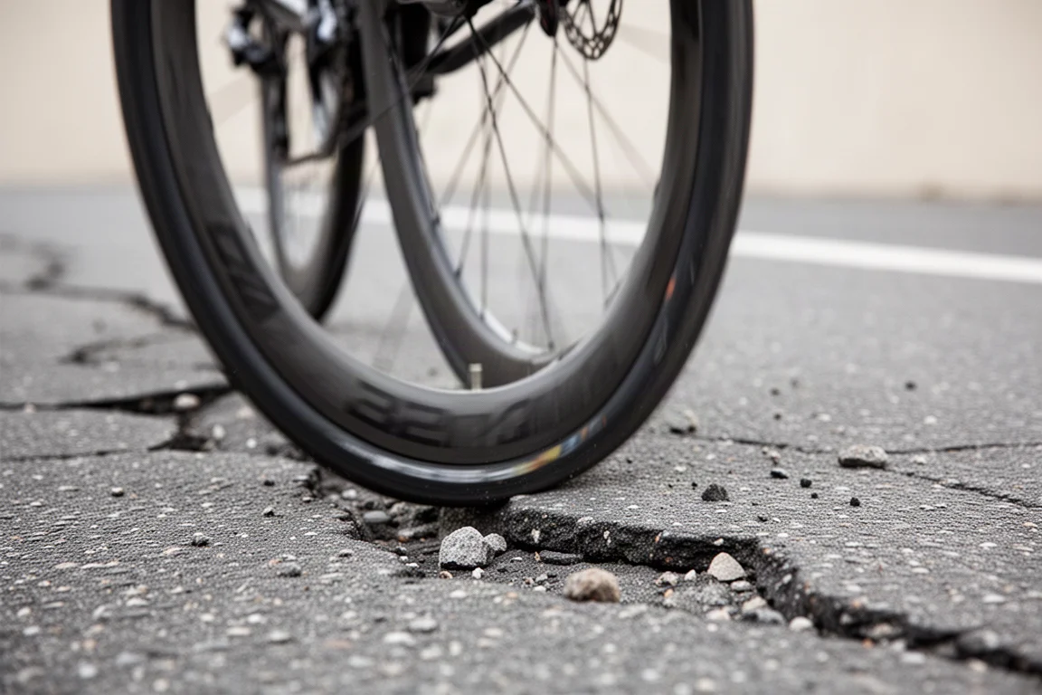 Nahaufnahme eines breiten Rennradreifens, der bei Tempo auf rauem Asphalt greift