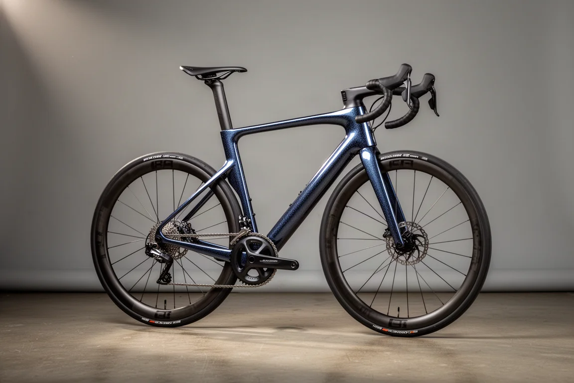 Enve Fray endurance-racefiets met carbonframe en brede banden op een betonnen vloer