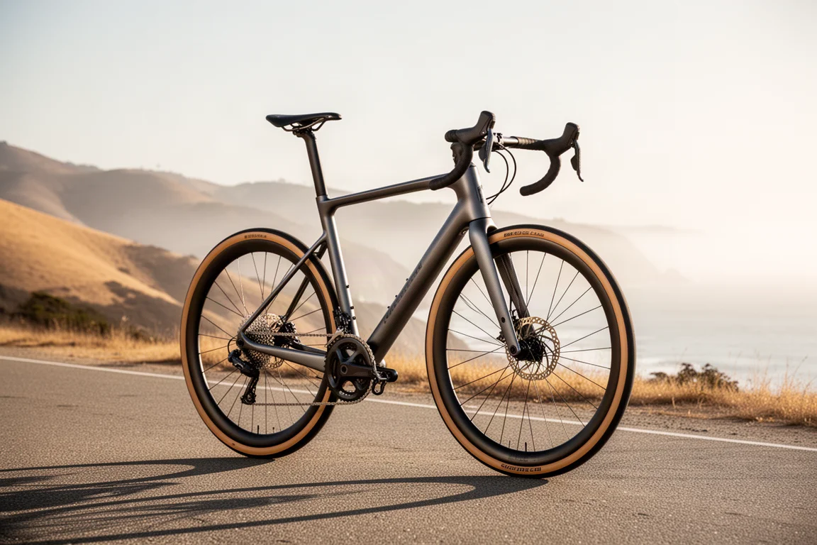 Endurance-roadfiets met brede banden op een zonovergoten kustweg in Californië