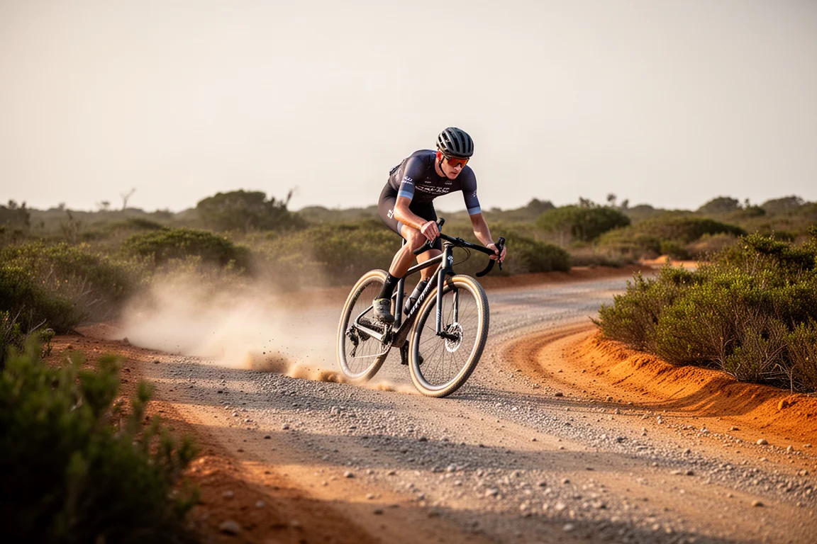 Ciclista gravel che affronta deciso una curva su una strada sterrata con polvere sollevata dietro la ruota posteriore