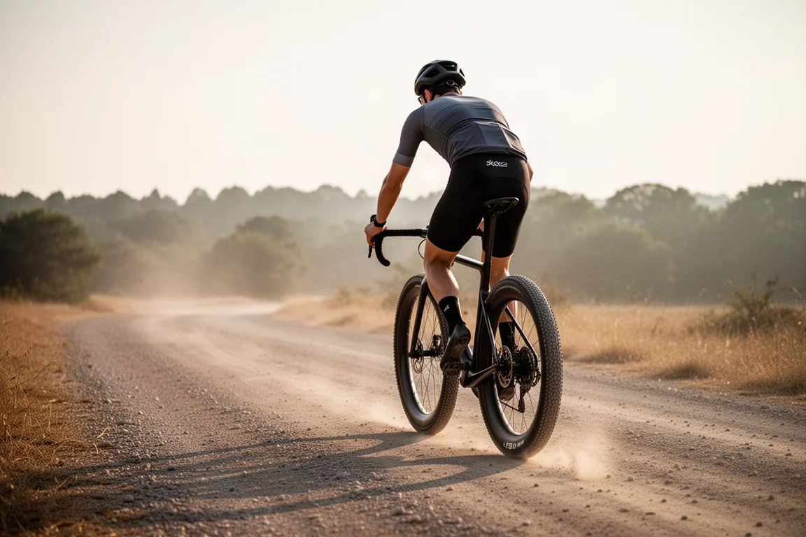 Cycliste gravel sur un vélo à pneus larges sur une route gravel poussiéreuse