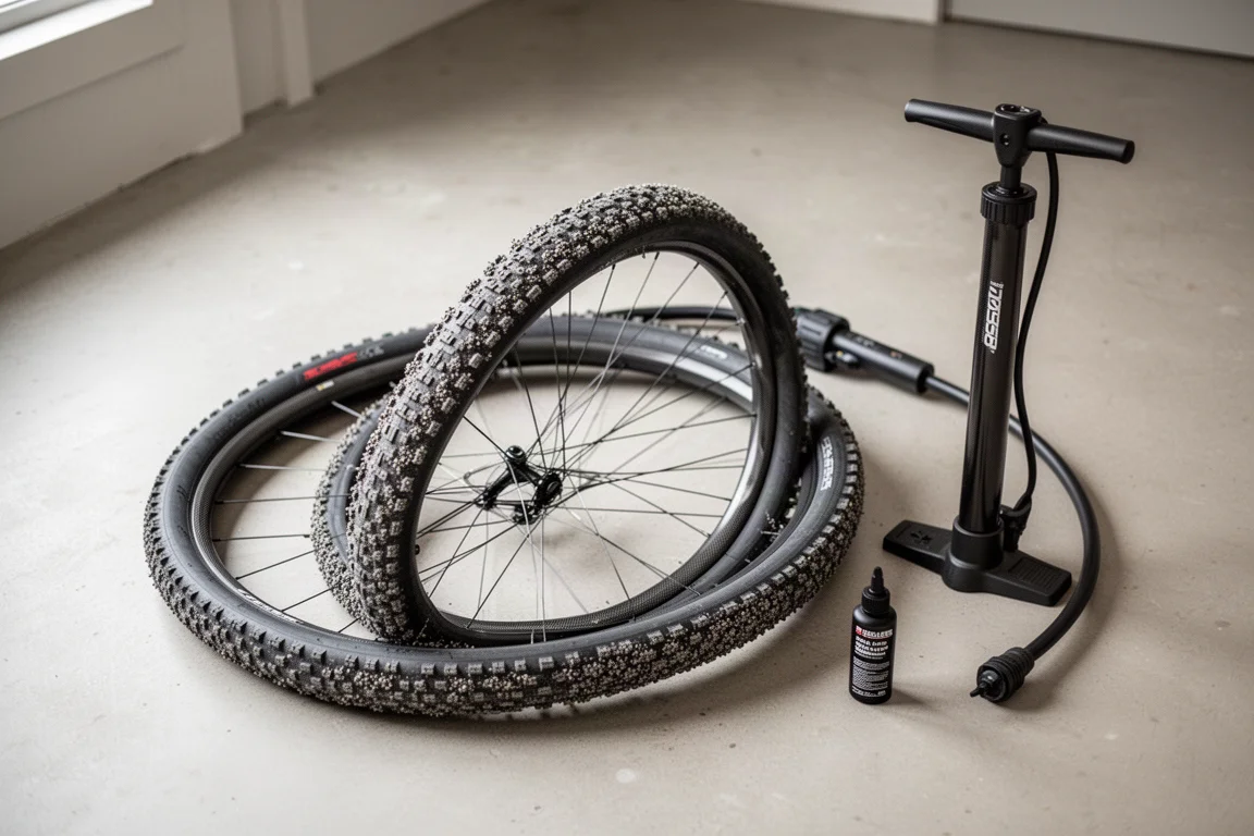 Pneu gravel tubeless en cours de montage sur une jante large avec une pompe à pied