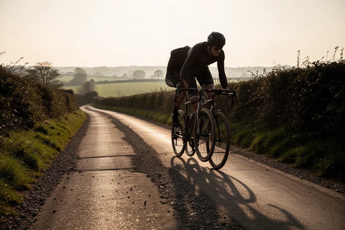 Cycliste gravel grimpant une petite route de campagne à l'heure dorée avec pneus larges