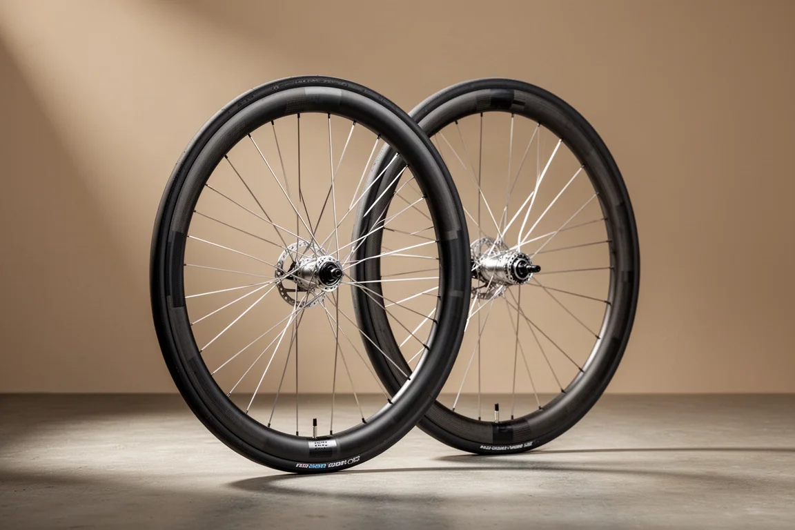 Diepe carbon gravelwielen met zilveren spaken op een betonnen ondergrond