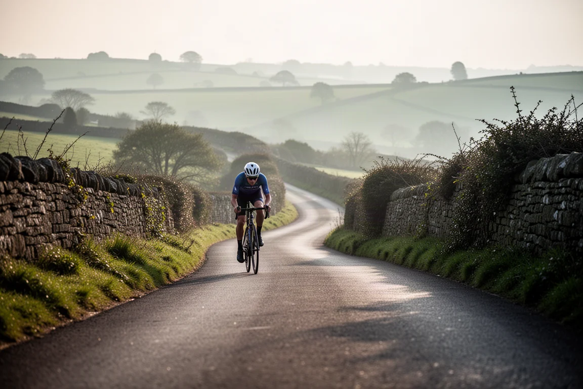 Group of road cyclists riding through a rural valley road in golden evening light