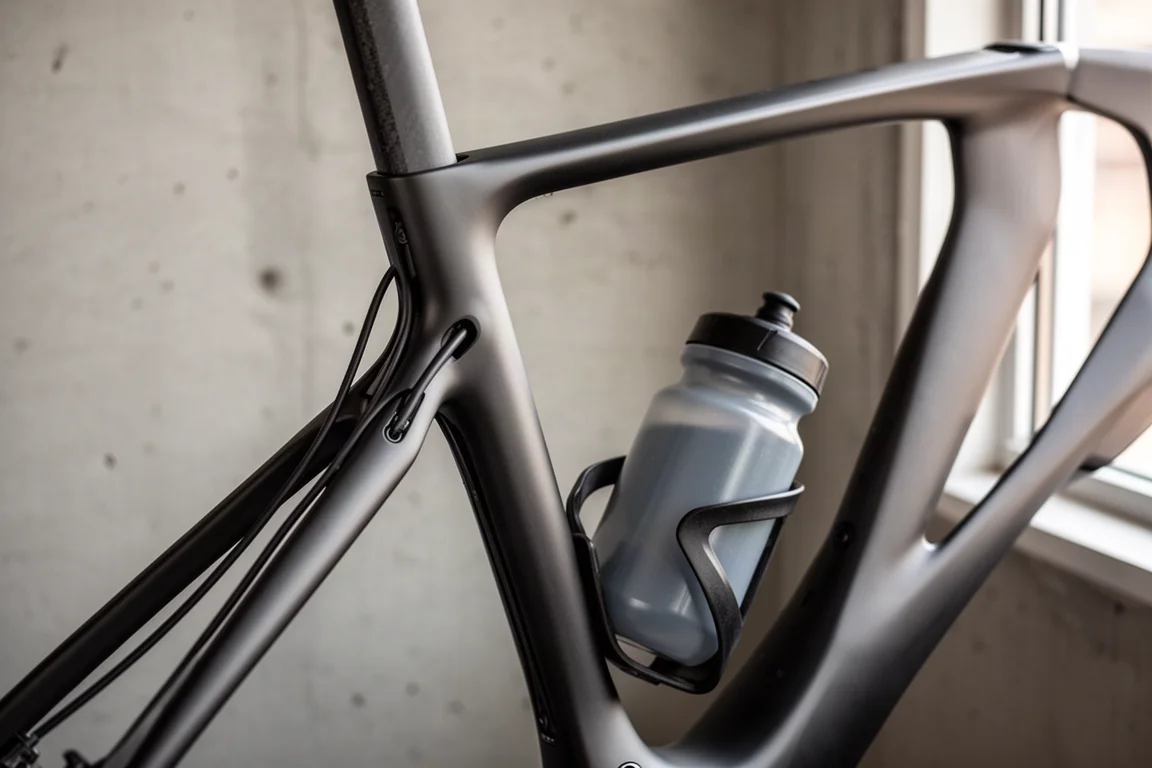 Close-up detail of a slim carbon road frame junction with internal cable routing