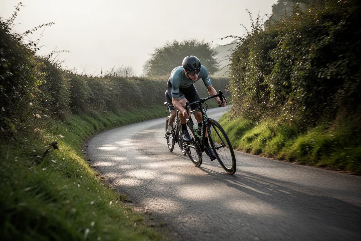 Road cyclist out of the saddle attacking a steep climb on a country lane