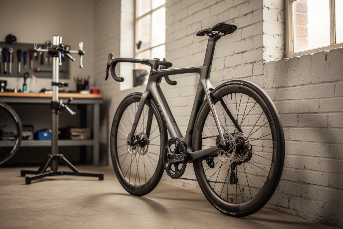 Road bike on a repair stand in a tidy workshop with tools on a bench