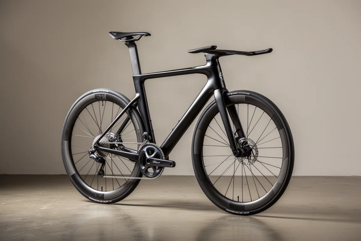 Carbon aeroracefiets met hoge velgen tegen een neutrale grijze studiowand