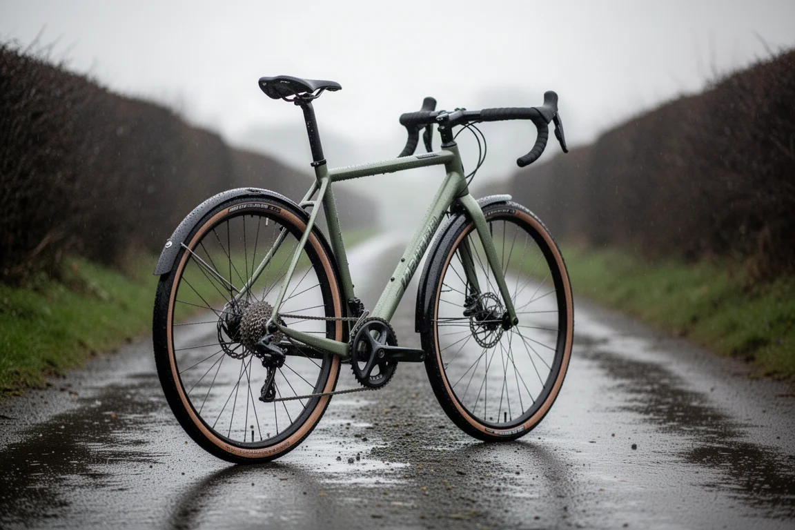 Bici gravel con parafanghi e copertoni slick su una strada di campagna bagnata