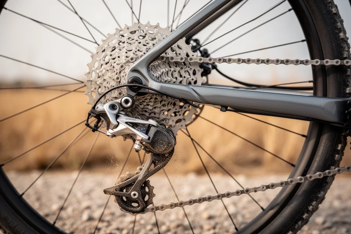 Primo piano di un deragliatore posteriore e di una cassetta ampia su una bici gravel impolverata