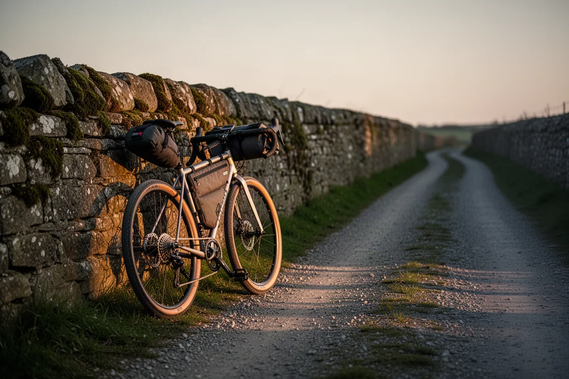 Bici gravel con borse da bikepacking appoggiata a un muro di pietra al crepuscolo