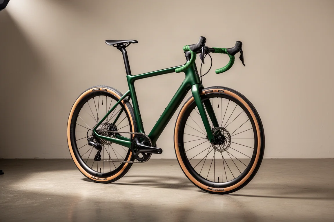 Diepgroene gravelbike met tan-wall banden en een carbon cockpit op een betonnen vloer