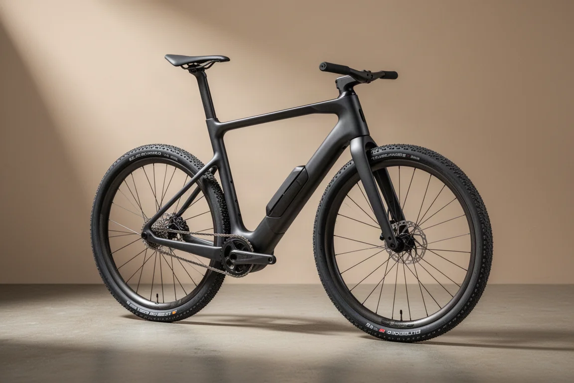 Diepgroene carbon gravelbike met tan-wall banden, gefotografeerd op een betonnen ondergrond