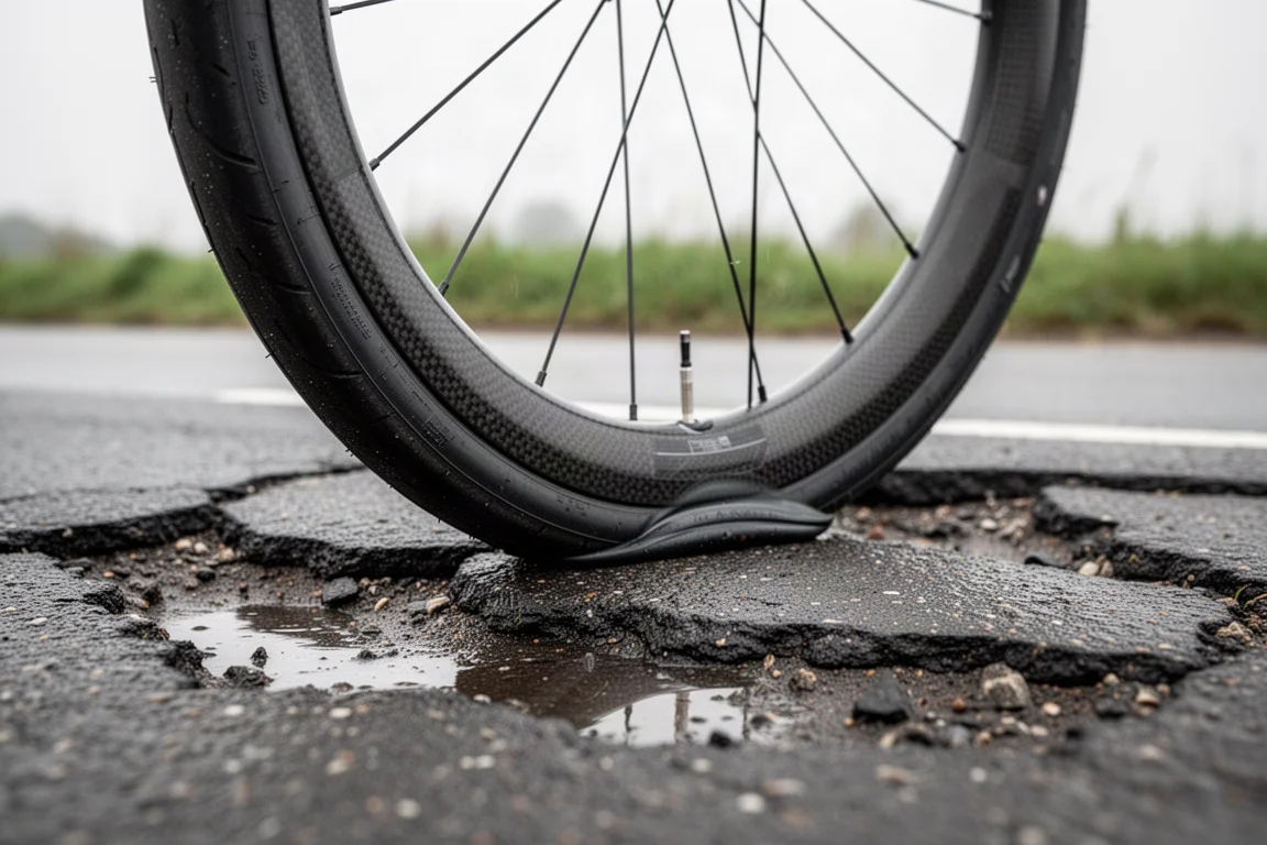 Breiter Rennradreifen auf einer flachen Carbonfelge auf aufgebrochenem Asphalt mit Schlaglöchern