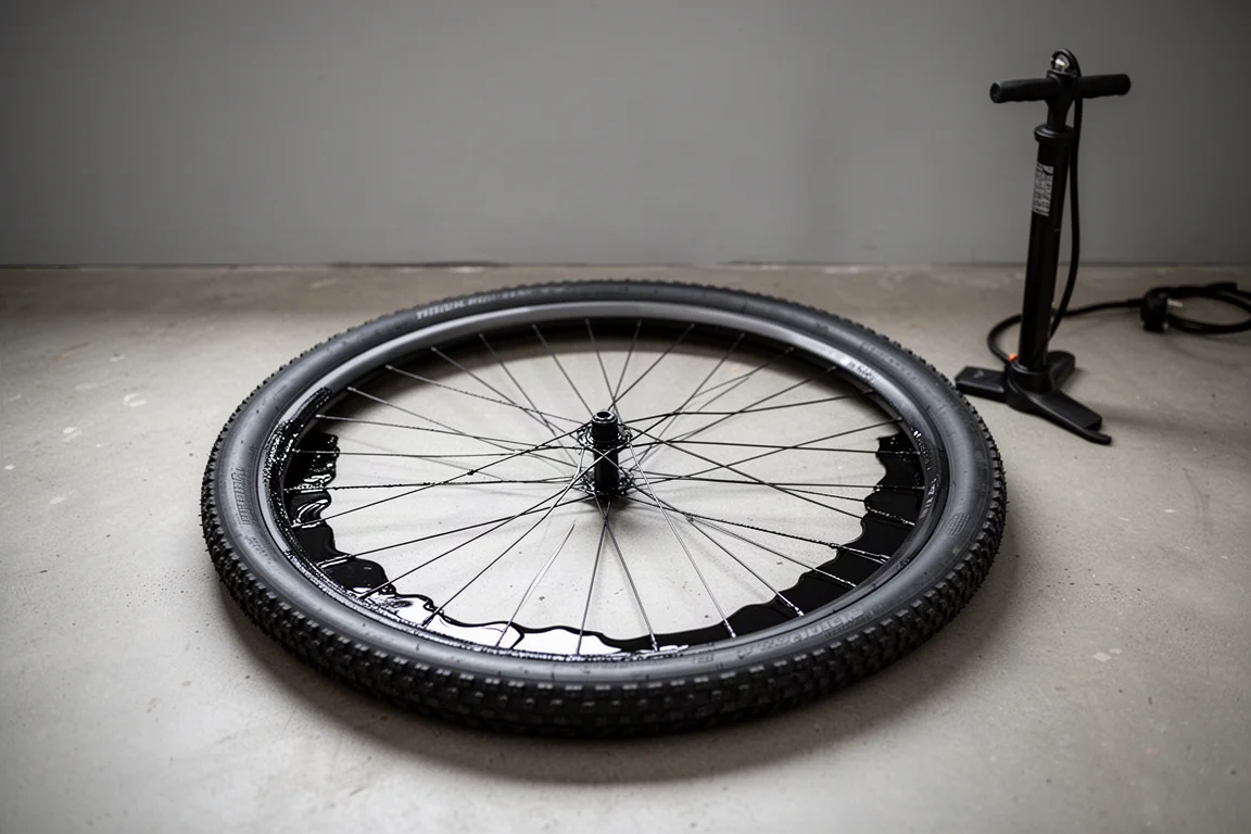 Draufsicht auf ein Hookless-Felgenbett mit Tubeless-Dichtmilch und einer Standpumpe