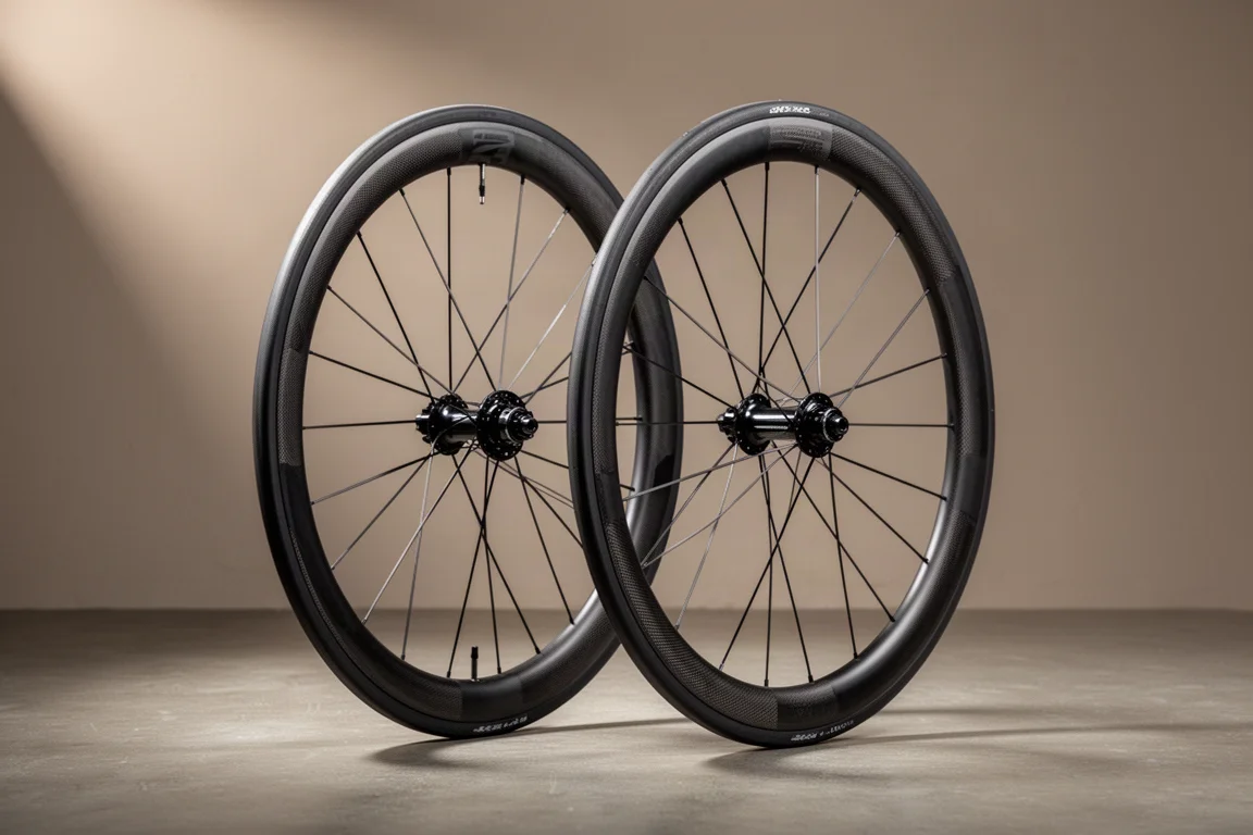 Wheelset leggero in carbonio per bici da strada appoggiato su una superficie in cemento opaco