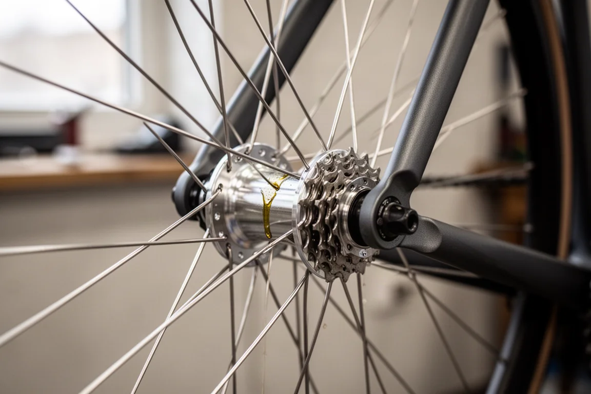 Närbild på ett silverfärgat baknav till cykel med rostfria stålekrar i en landsvägscykelram