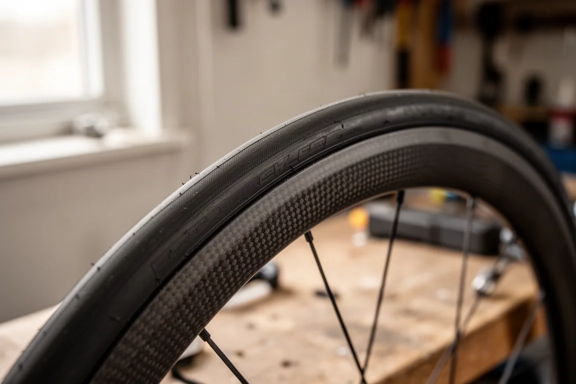 Close-up van een tubeless bandhiel die op een carbon velg zit