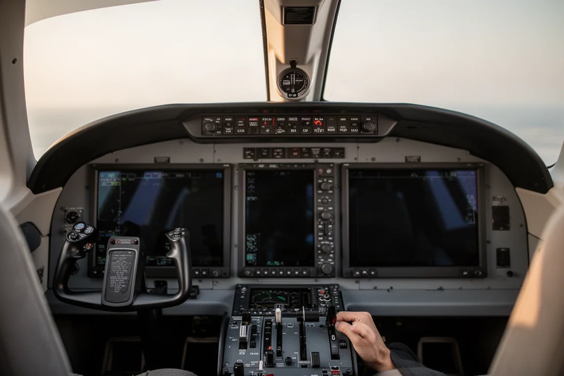 Single-engine turboprop cockpit with modern glass panel displays during startup