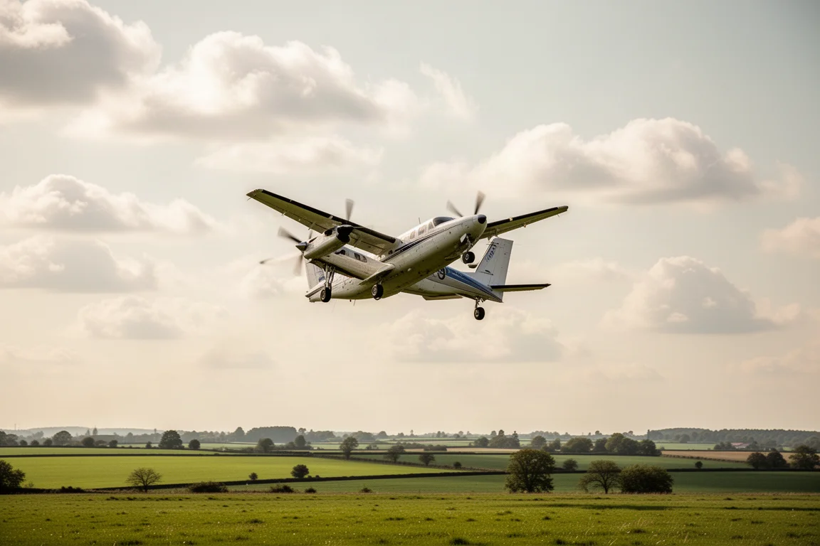 Turboprop climbing steeply after takeoff into scattered clouds