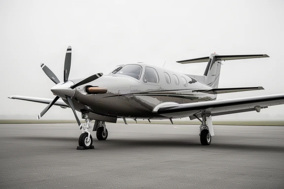 Sleek single-engine turboprop parked on a grey tarmac apron
