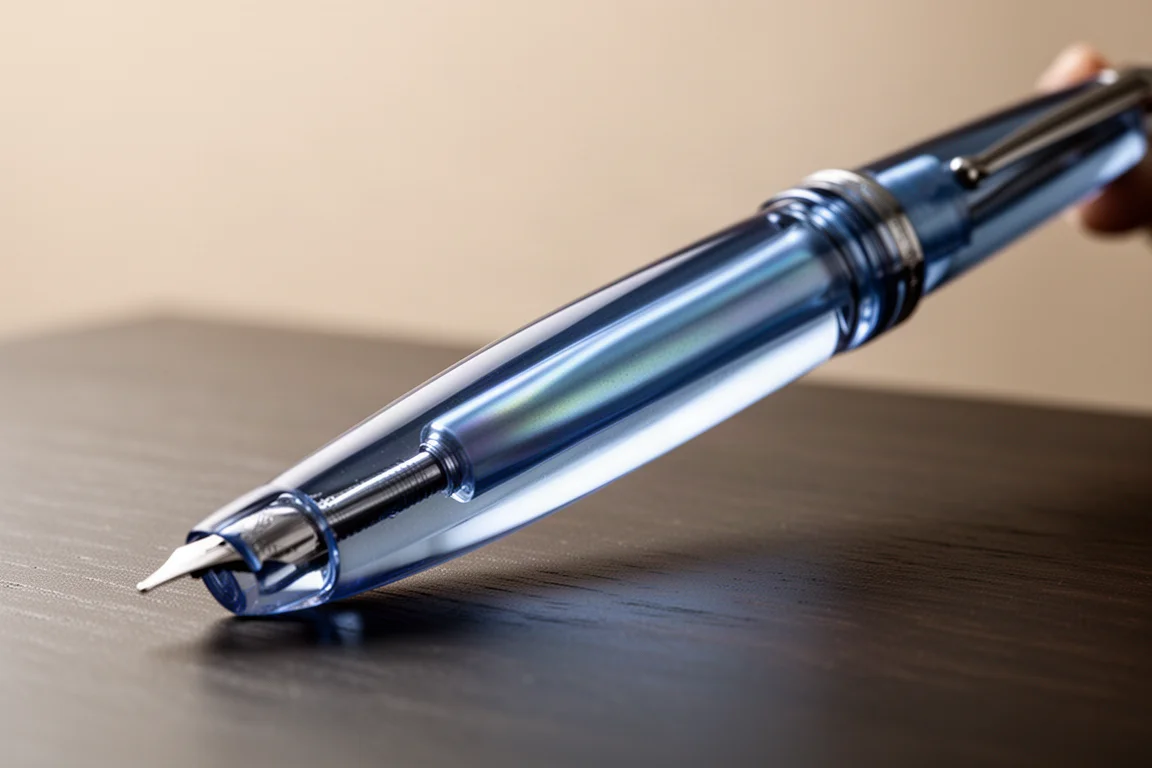 Penna stilografica in acrilico blu perlato lucido che riflette la luce su una scrivania scura