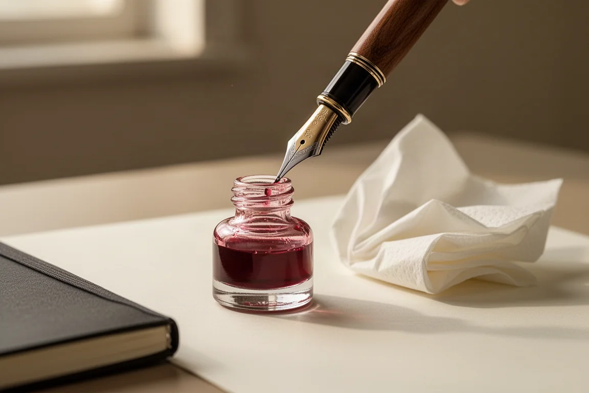 Pennino di una penna stilografica immerso in una boccetta di inchiostro su una scrivania
