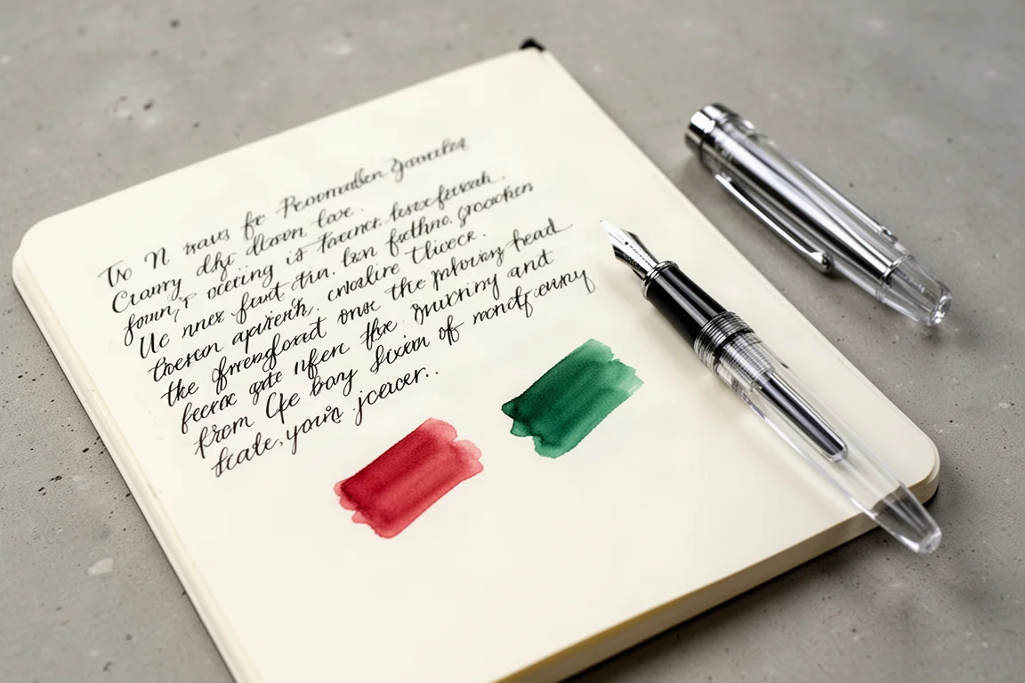 Pagina con un campione di scrittura a penna stilografica scritta a mano con chiazzi d'inchiostro rosso e verde