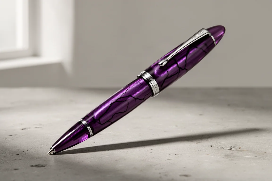 Deep purple acrylic torpedo fountain pen standing on a matte concrete surface