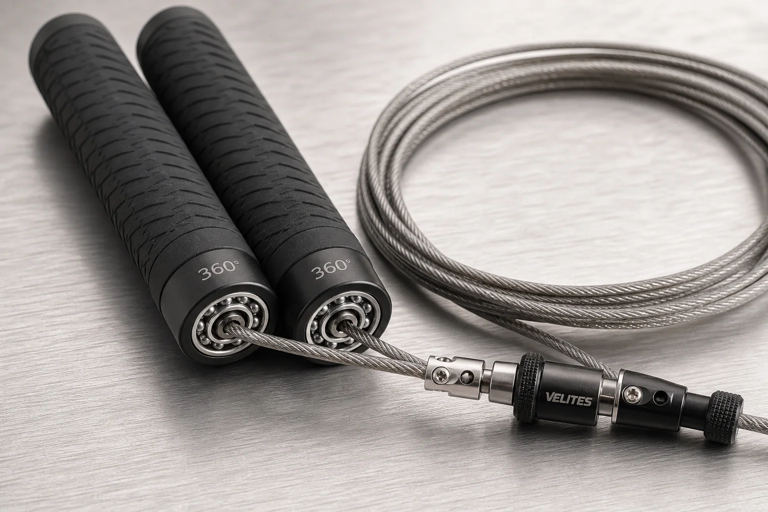 Five jump ropes with different handle styles and cable designs arranged on concrete