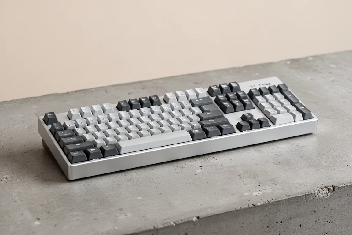 Collezione di tastiere meccaniche tra cui un modello a tema gatto e una TKL in alluminio su una superficie di cemento