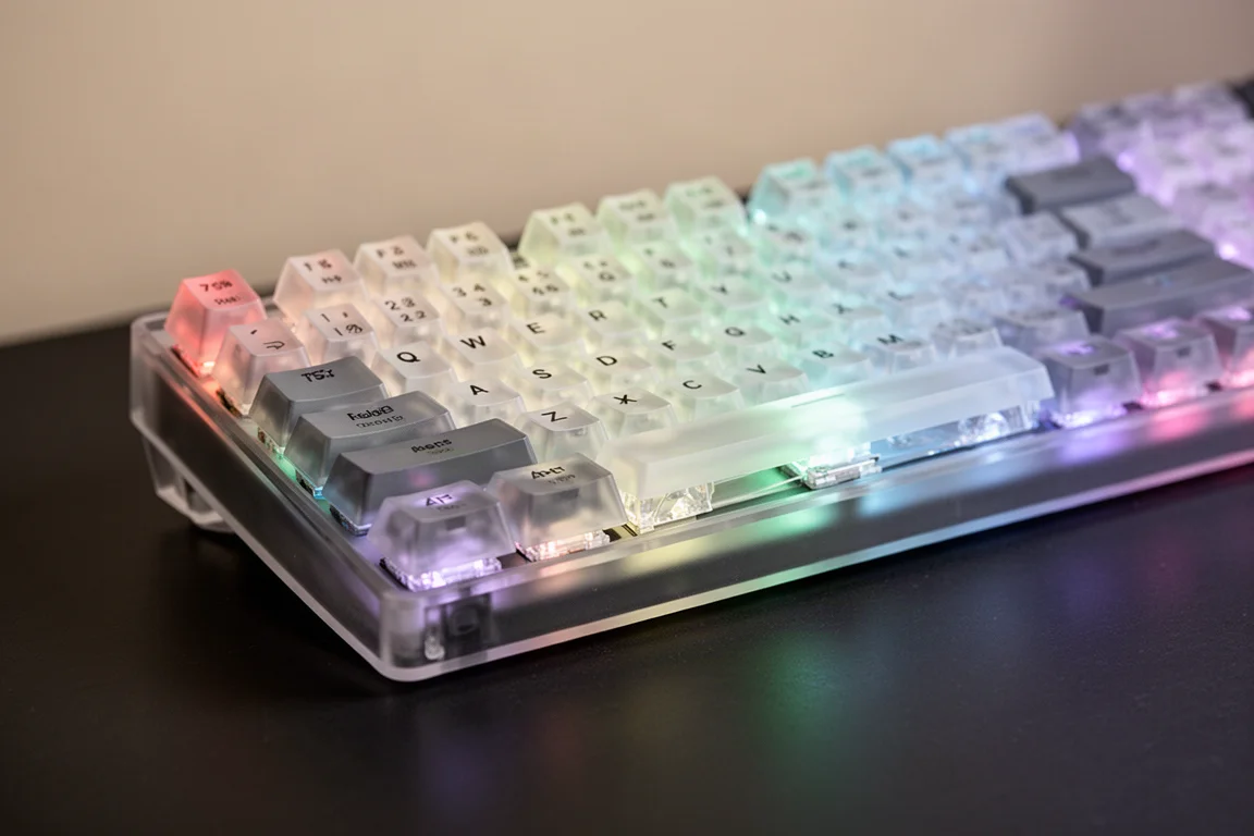 Close-up of a TMR keyboard with translucent keycaps and RGB glow through a crystal-like back case cut